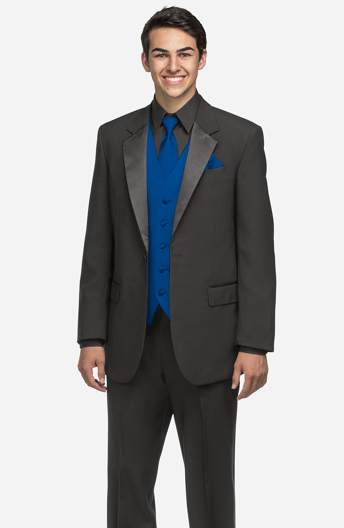 Grey tux with shop royal blue vest