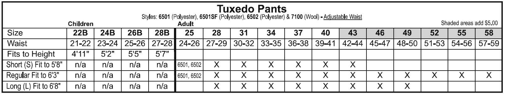 Tuxedo Pants Size Chart