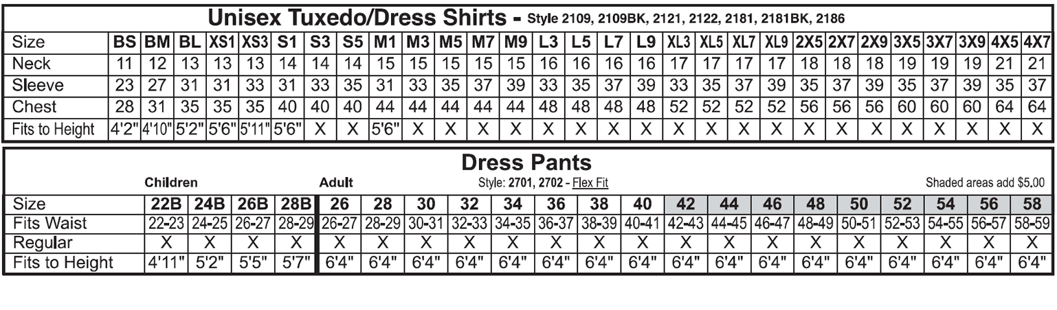 Dress Pants Dress Shirts Size Chart