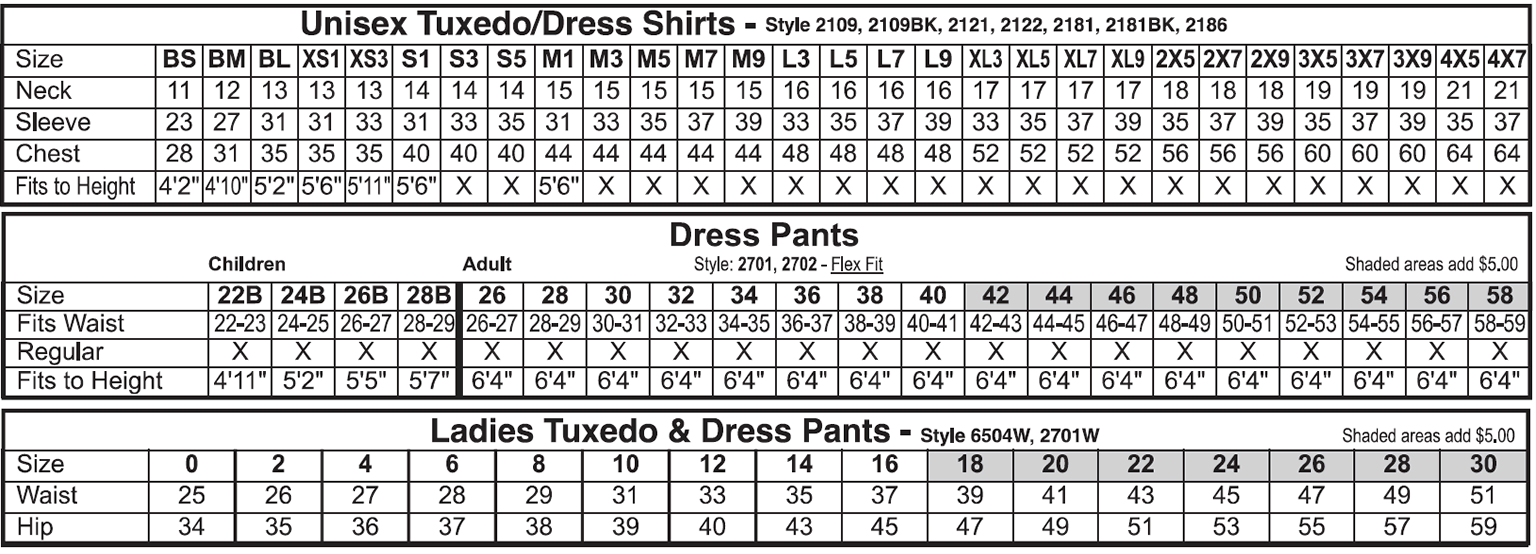 Dress Pants - Dress Shirts - Ladies Dress Pants Size Chart