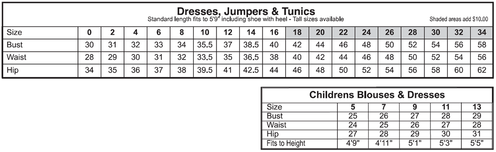 Dresses Size Chart