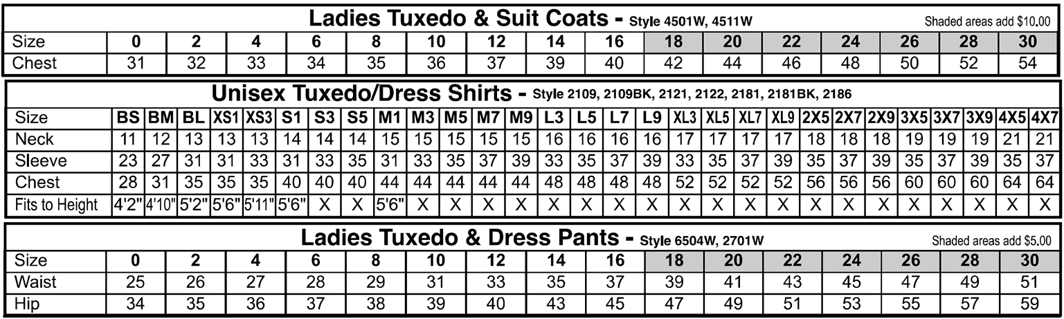 Suit Coat - Unisex Tuxedo/Dress Shirts - Dress Pants