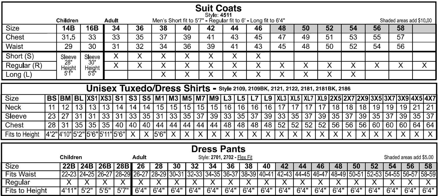 Size Chart - Suit Coat, Shirts, Dress Pants