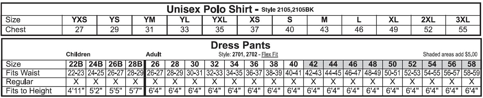 Polo Shirt and Dress Pants Size Chart