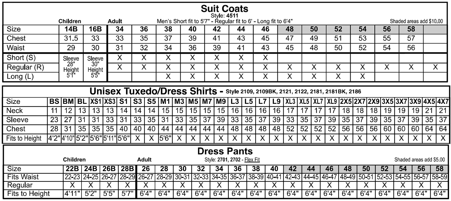 Suit Coat - Unisex Tuxedo/Dress Shirts - Dress Pants