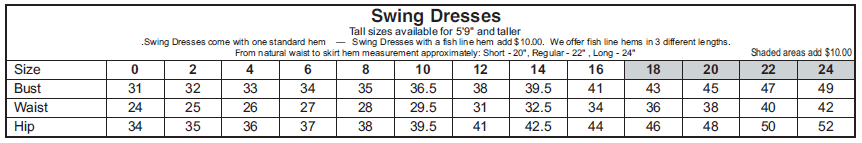 Swing Dresses Size Chart