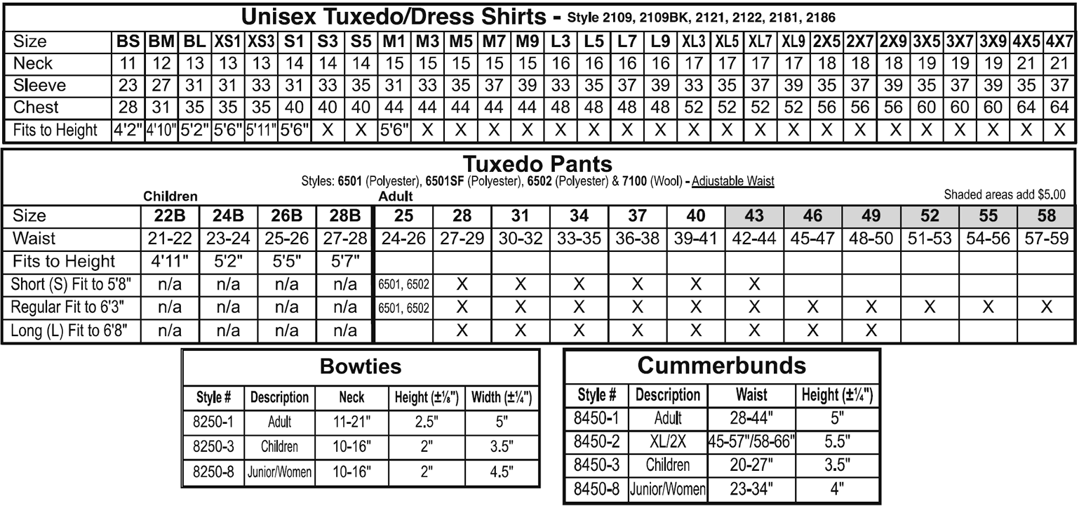 Tuxedo Package 65 - Size Chart
