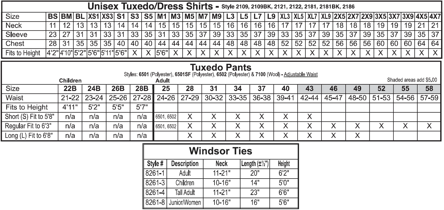 Tuxedo Size Chart