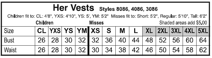 Her Vests Size Chart - 8086, 4086, 3086