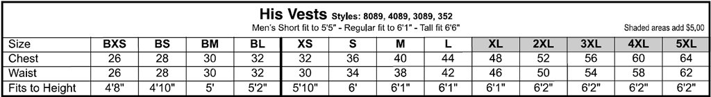 Hist Vests Size Chart - 8089