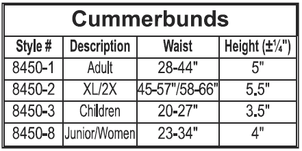 Cummerbund Size Chart