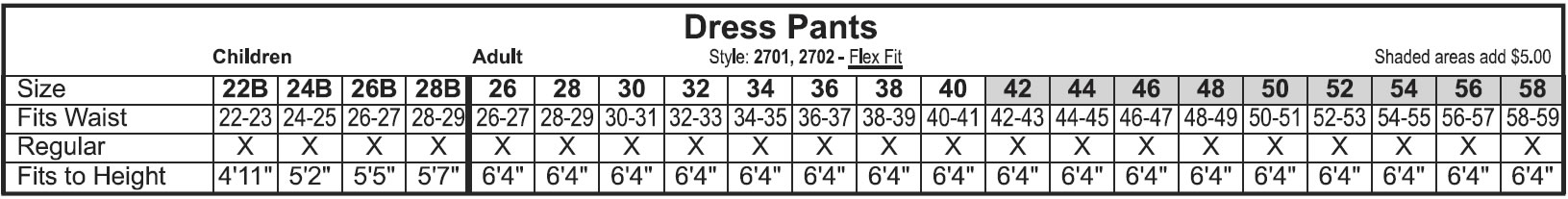 Dress Pants Size Chart