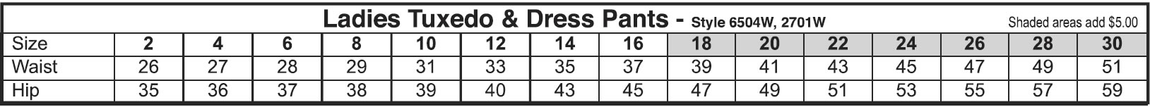 Ladies Tuxedo & Dress Pants Size Chart
