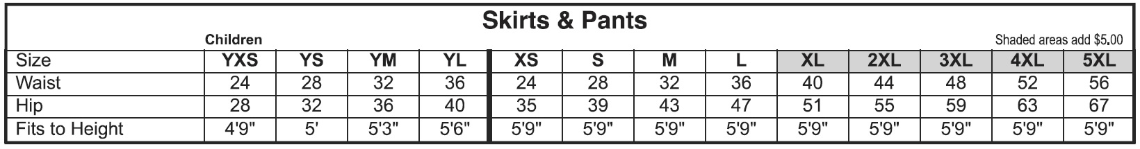 Skirts and Pants Size Chart