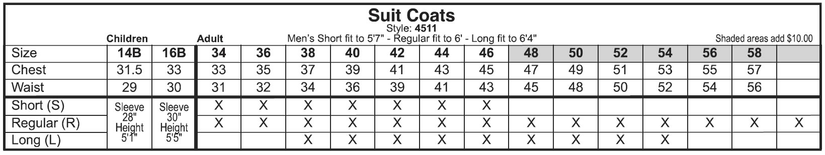 Suit Coats Size Chart