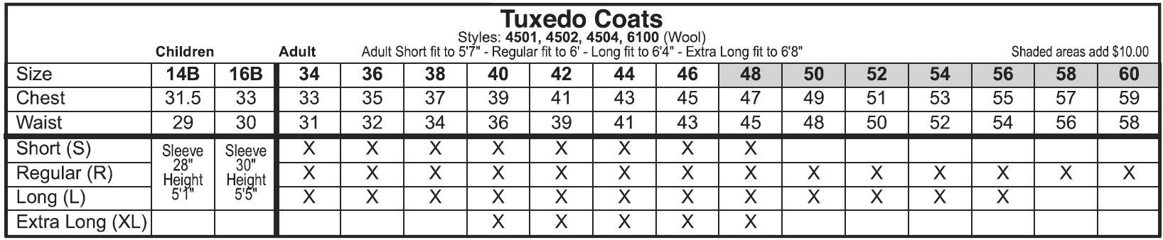 Tuxedo Coats Size Chart