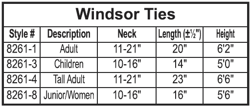 Windsor Ties Size Chart